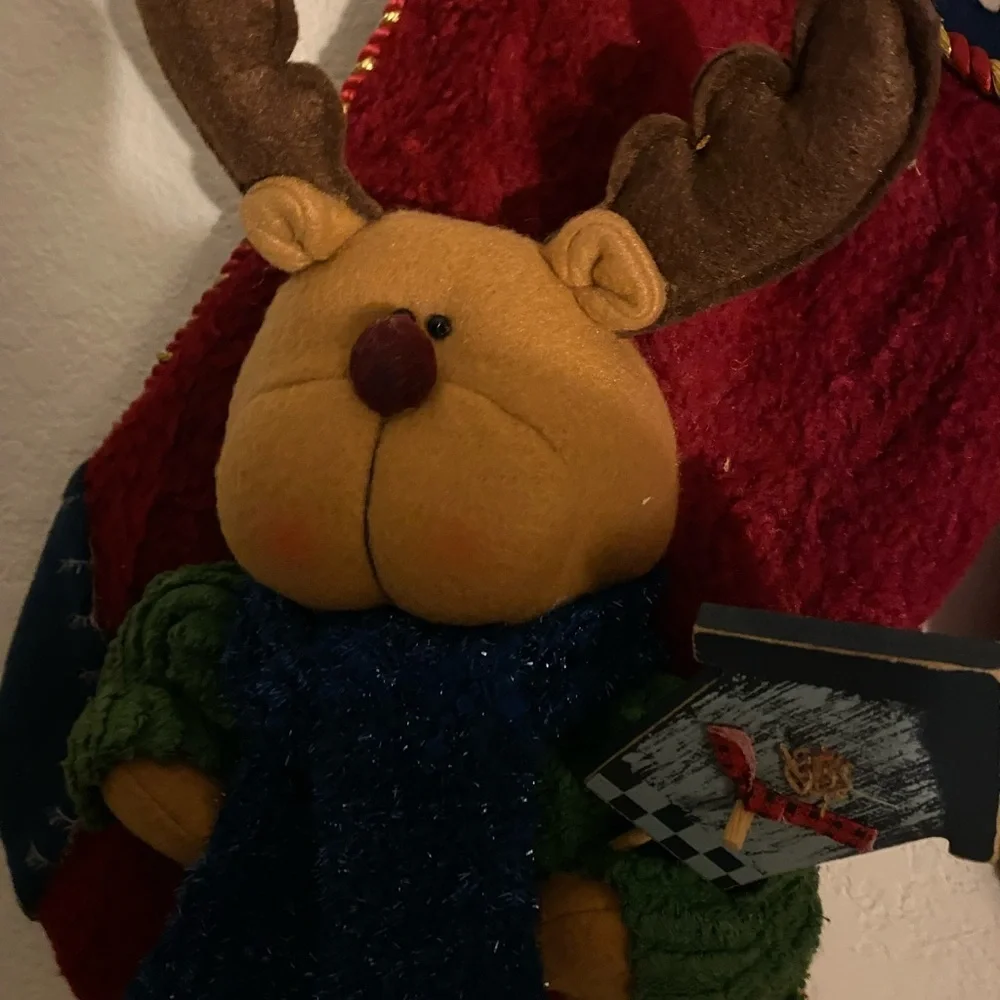 2 Christmas Plush 3D Patchwork Holiday Stockings Snowman and Reindeer 18”x 10”